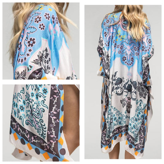 Sky Blue Paisley & Floral Print Silky Kimono w/ Geometric Shapes Border