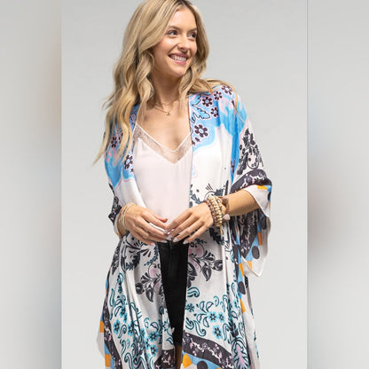 Sky Blue Paisley & Floral Print Silky Kimono w/ Geometric Shapes Border