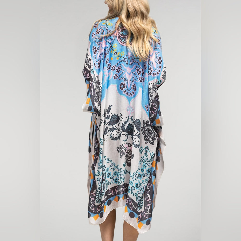Sky Blue Paisley & Floral Print Silky Kimono w/ Geometric Shapes Border