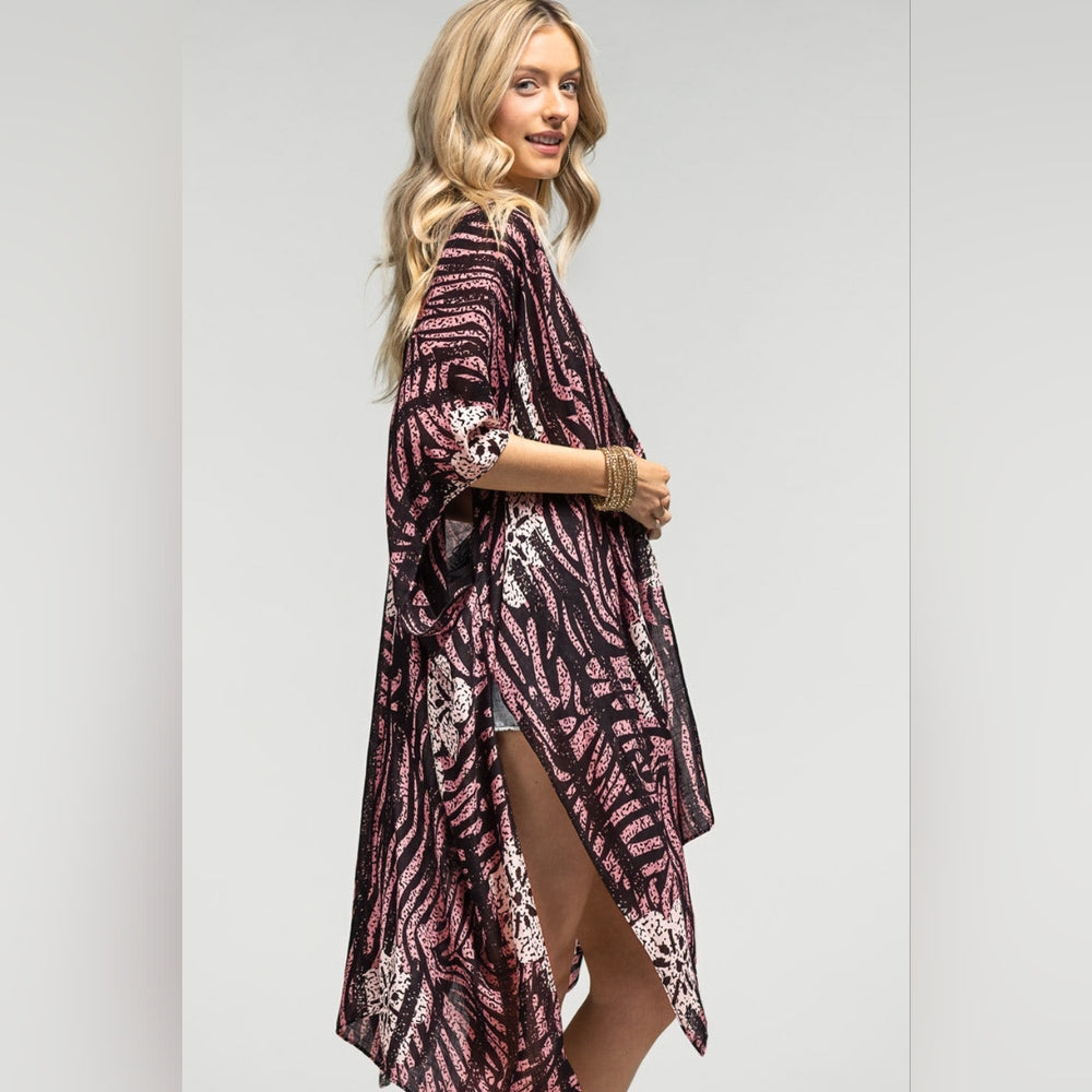 Tropical Flower & Pink Zebra Print Kimono - Lightweight Silky Material