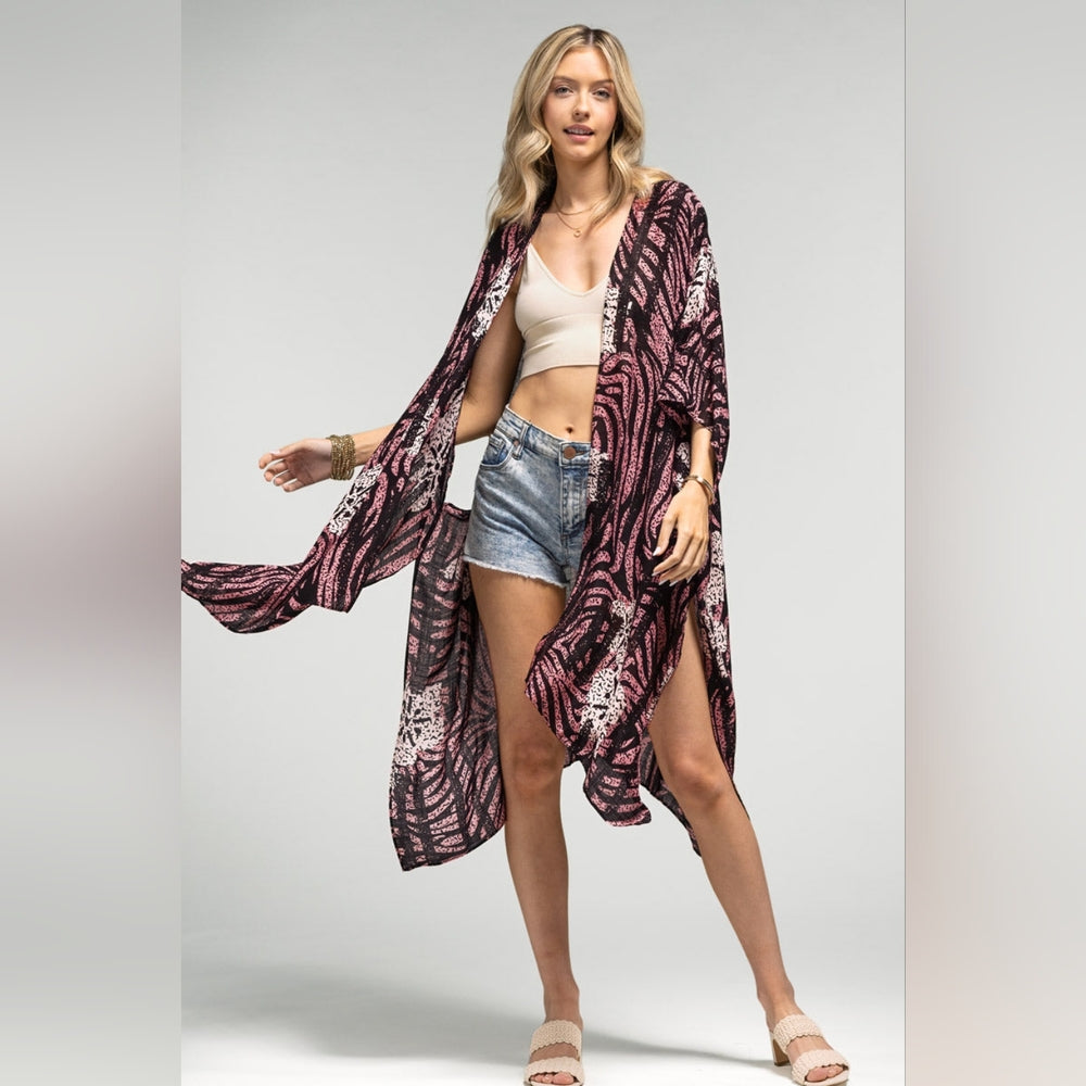 Tropical Flower & Pink Zebra Print Kimono - Lightweight Silky Material