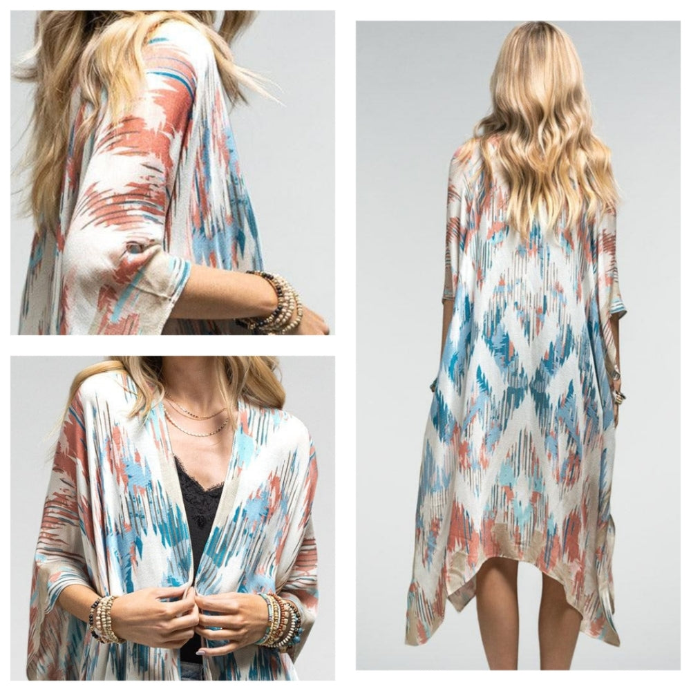 Artistic Southwest Diamond Patterned Kimono - Lightweight Silky Material