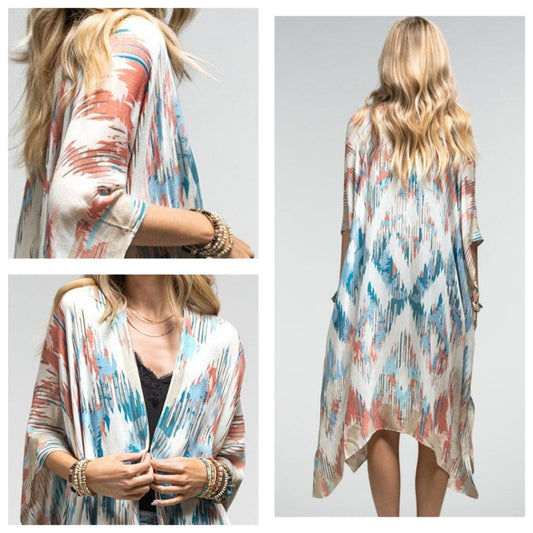 Artistic Southwest Diamond Patterned Kimono - Lightweight Silky Material