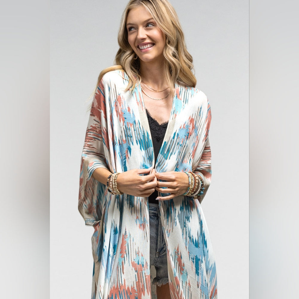 Artistic Southwest Diamond Patterned Kimono - Lightweight Silky Material