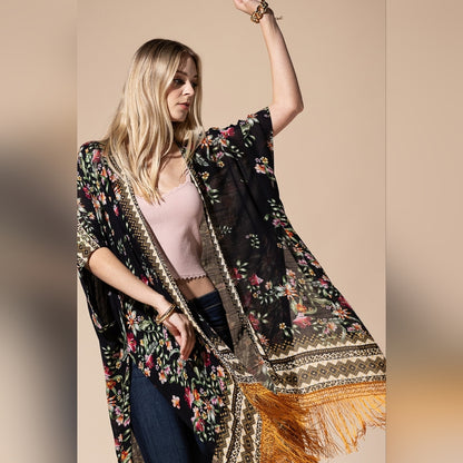 Bohemian Floral Print Kimono / Duster - Fine Golden Fringe Tassels - Side Slits