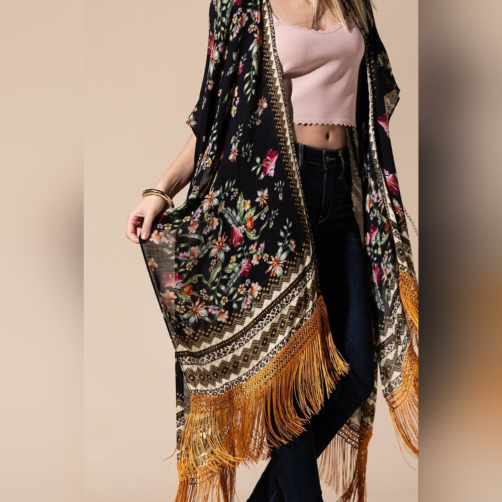 Bohemian Floral Print Kimono / Duster - Fine Golden Fringe Tassels - Side Slits