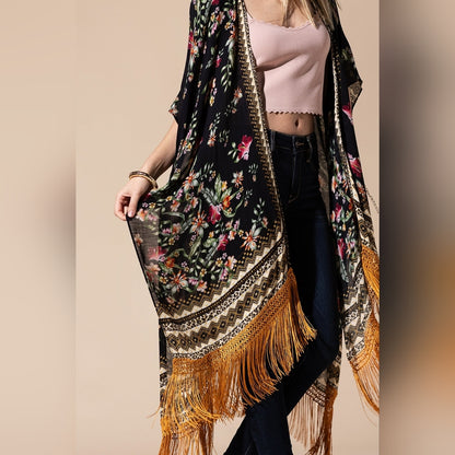 Bohemian Floral Print Kimono / Duster - Fine Golden Fringe Tassels - Side Slits