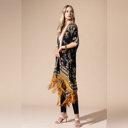 Bohemian Floral Print Kimono / Duster - Fine Golden Fringe Tassels - Side Slits