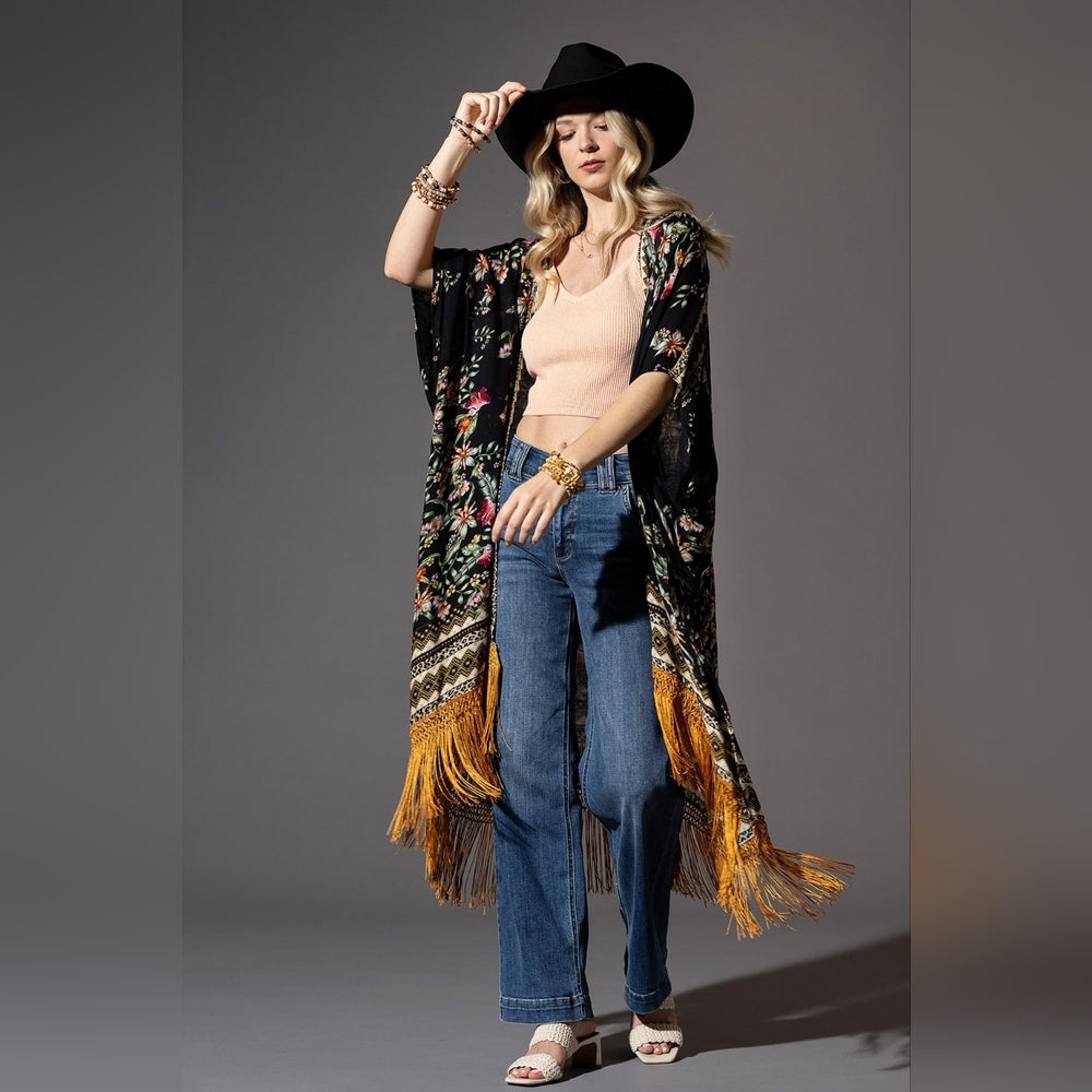 Bohemian Floral Print Kimono / Duster - Fine Golden Fringe Tassels - Side Slits