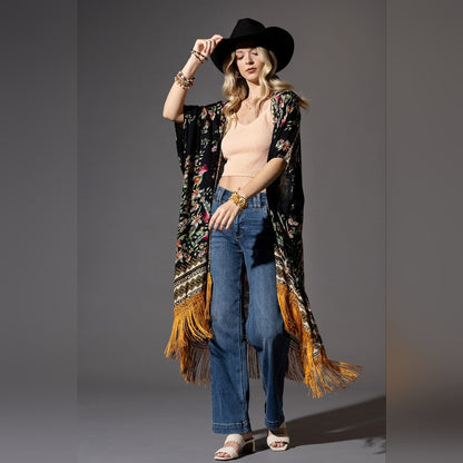Bohemian Floral Print Kimono / Duster - Fine Golden Fringe Tassels - Side Slits
