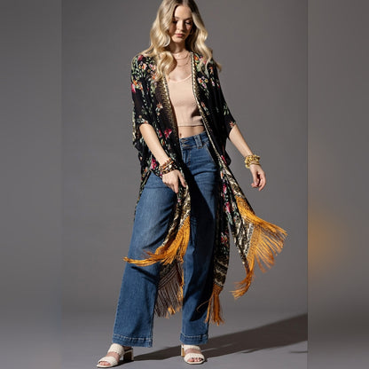 Bohemian Floral Print Kimono / Duster - Fine Golden Fringe Tassels - Side Slits