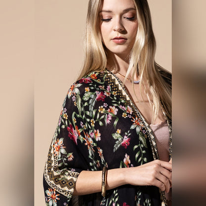 Bohemian Floral Print Kimono / Duster - Fine Golden Fringe Tassels - Side Slits