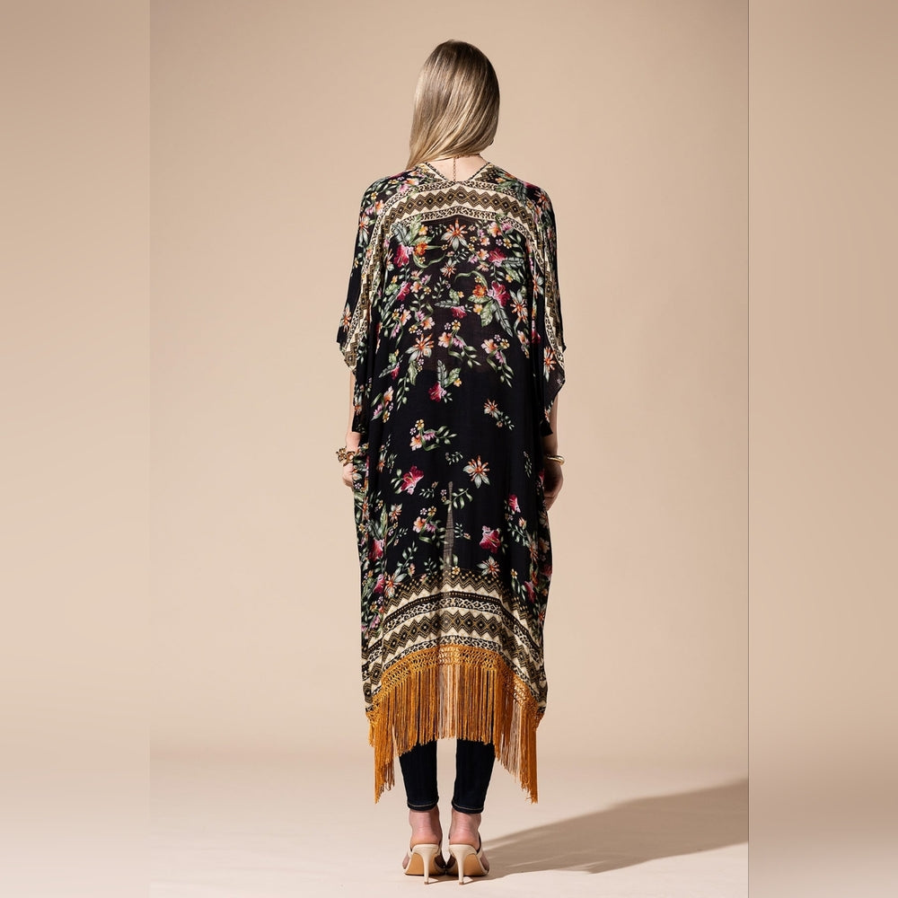 Bohemian Floral Print Kimono / Duster - Fine Golden Fringe Tassels - Side Slits