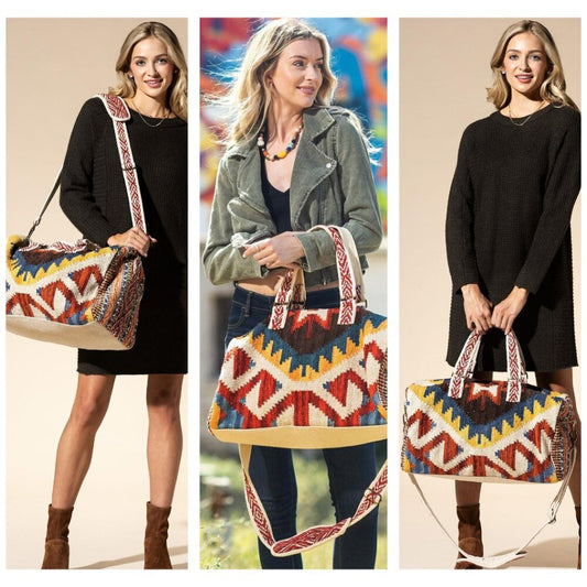 Boho Travel Bag - Ethnic Navajo Design - Handwoven from Fully Fine Cotton