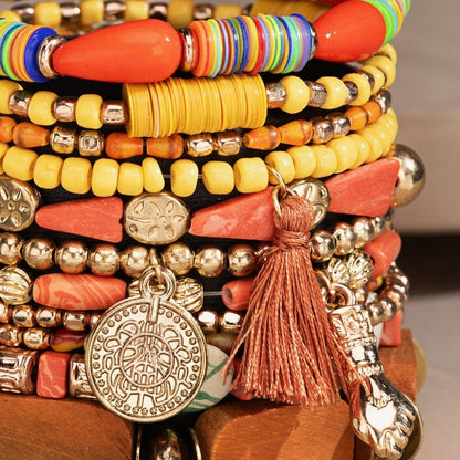 Colorful Multi Stranded Beaded India Bracelet w/ Tassel & Charms