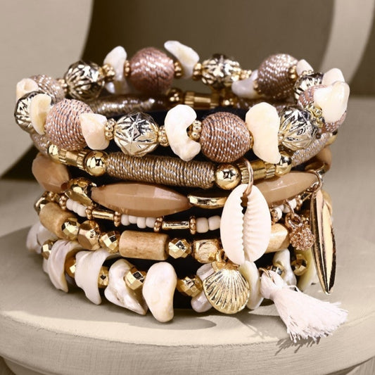 Sandy Beach Themed Boho Chic Multi Layered Stretch Bracelet w Golden Seashell