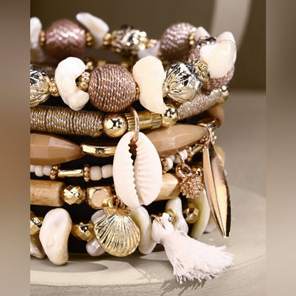 Sandy Beach Themed Boho Chic Multi Layered Stretch Bracelet w Golden Seashell