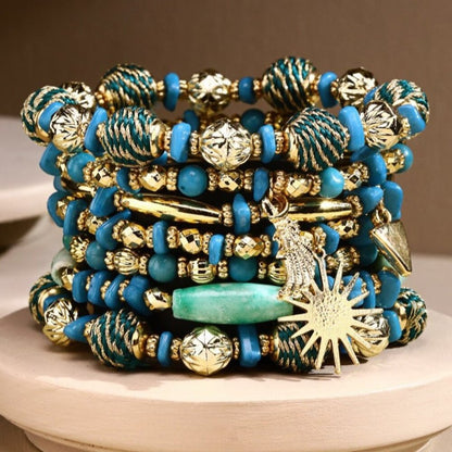 Aqua Blue & Golden Boho Chic Multi Layered Stretch Bracelet w Golden Sun Charm