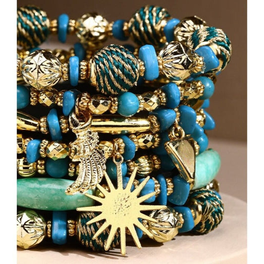 Aqua Blue & Golden Boho Chic Multi Layered Stretch Bracelet w Golden Sun Charm