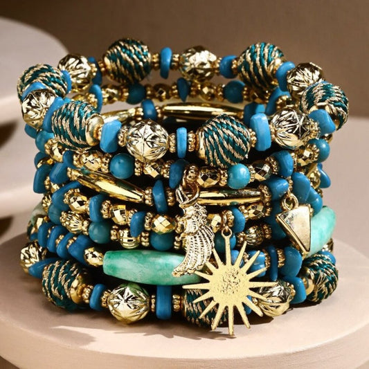 Aqua Blue & Golden Boho Chic Multi Layered Stretch Bracelet w Golden Sun Charm