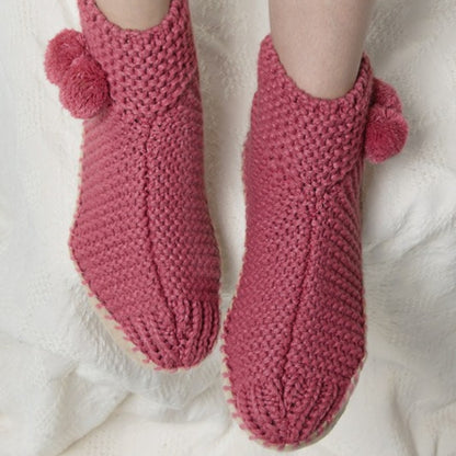 Comfy Hand Knitted Indoor Slipper Booties w Pom-Poms size 8-10🎁 Excellent Gift!