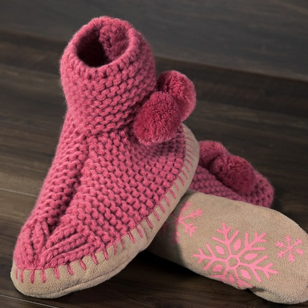 Comfy Hand Knitted Indoor Slipper Booties w Pom-Poms size 8-10🎁 Excellent Gift!