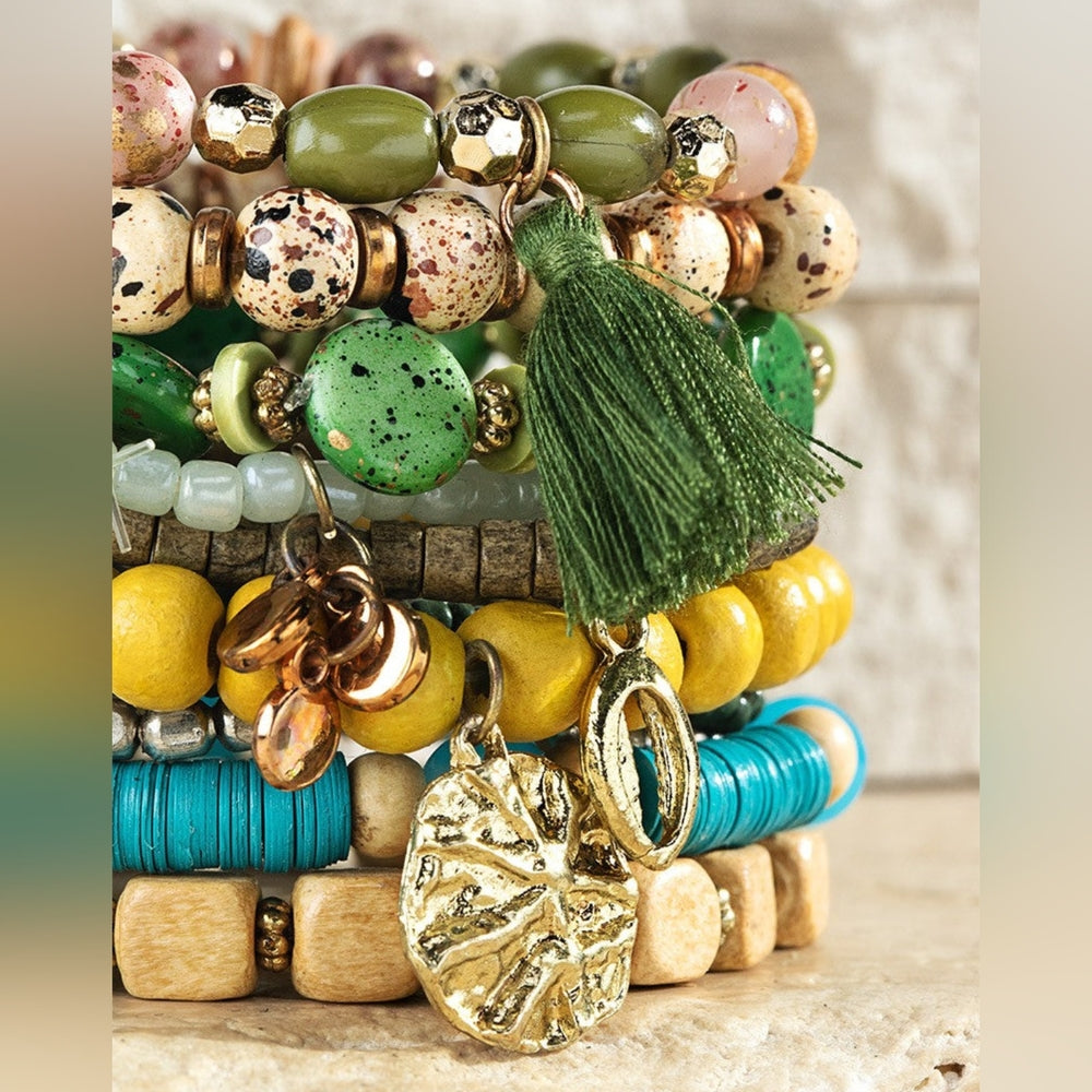 Multicolor 9 Piece Boho Chic Stretch Bracelet Set w Charms & Tassel