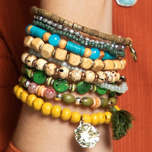Multicolor 9 Piece Boho Chic Stretch Bracelet Set w Charms & Tassel