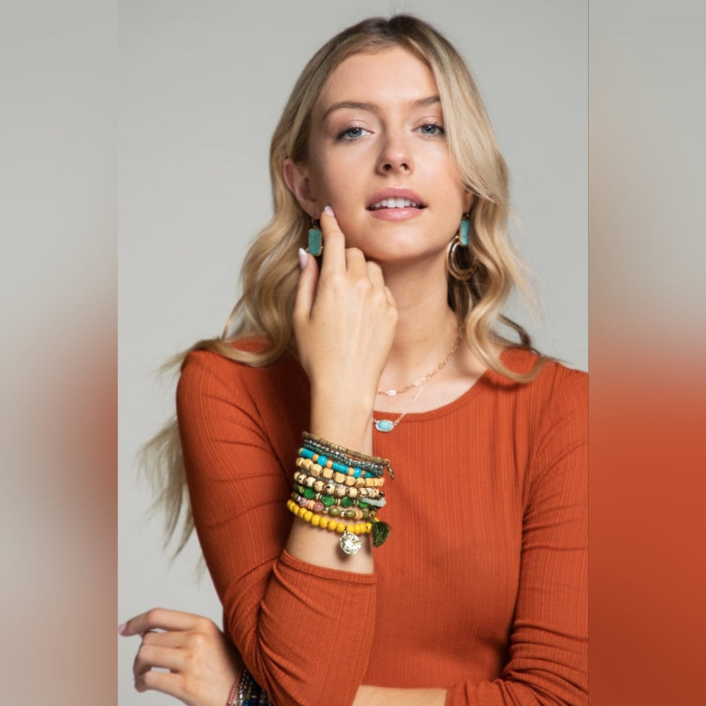 Multicolor 9 Piece Boho Chic Stretch Bracelet Set w Charms & Tassel