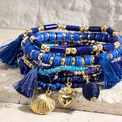 Super Blue Boho Chic Multi Layered Stretch Bracelet Set w/ Golden Charms