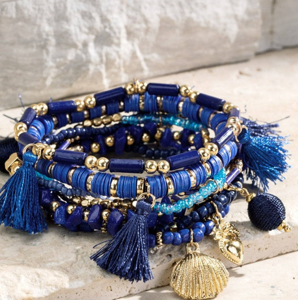 Super Blue Boho Chic Multi Layered Stretch Bracelet Set w/ Golden Charms