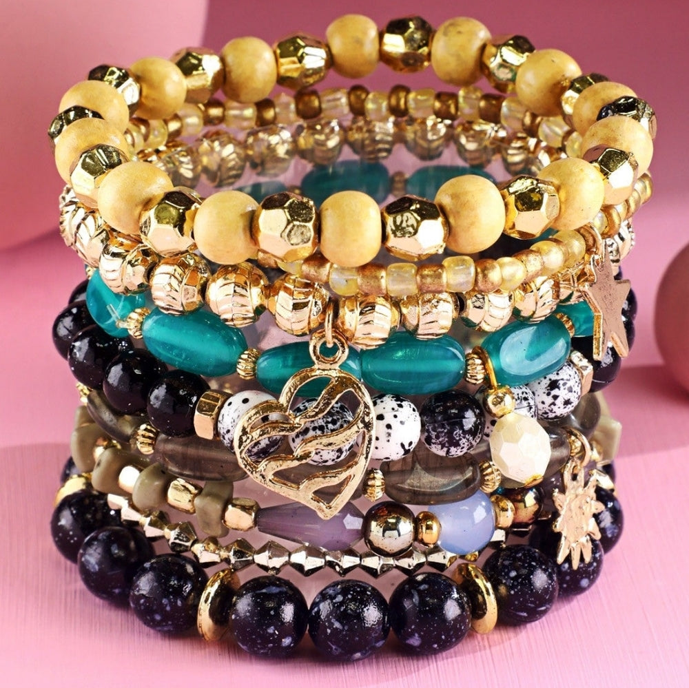 Multicolor Boho Chic Multi Layered Stretch Bracelet Set w/ Golden Charms