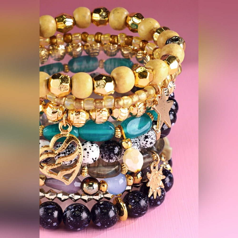 Multicolor Boho Chic Multi Layered Stretch Bracelet Set w/ Golden Charms