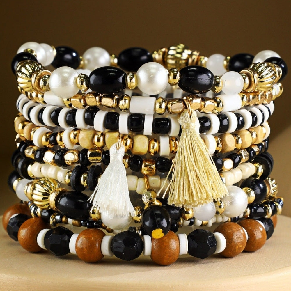 Classy Black & White Boho Chic Multi Layered Stretch Bracelet Set w/ Tassels