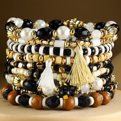 Classy Black & White Boho Chic Multi Layered Stretch Bracelet Set w/ Tassels