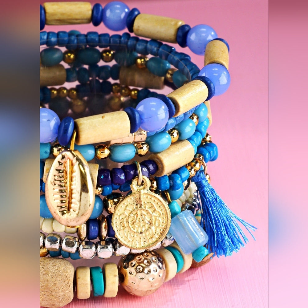 Ocean & Sky Blue Boho Chic Multi Layered Stretch Bracelet Set w/ Golden Charms
