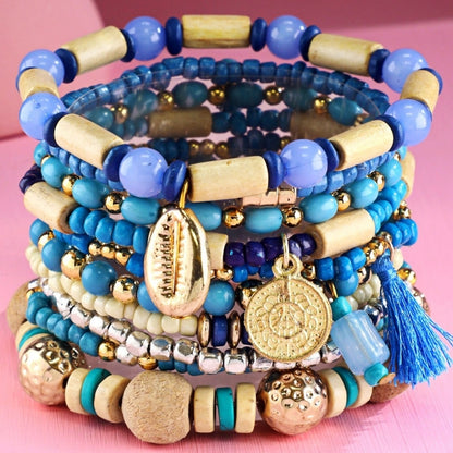 Ocean & Sky Blue Boho Chic Multi Layered Stretch Bracelet Set w/ Golden Charms