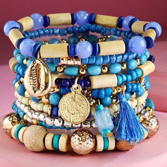 Ocean & Sky Blue Boho Chic Multi Layered Stretch Bracelet Set w/ Golden Charms
