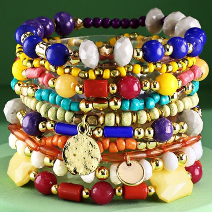 Colorful Bright Boho Chic Multi Layered Stretch Bracelet Set w/ Golden Charms