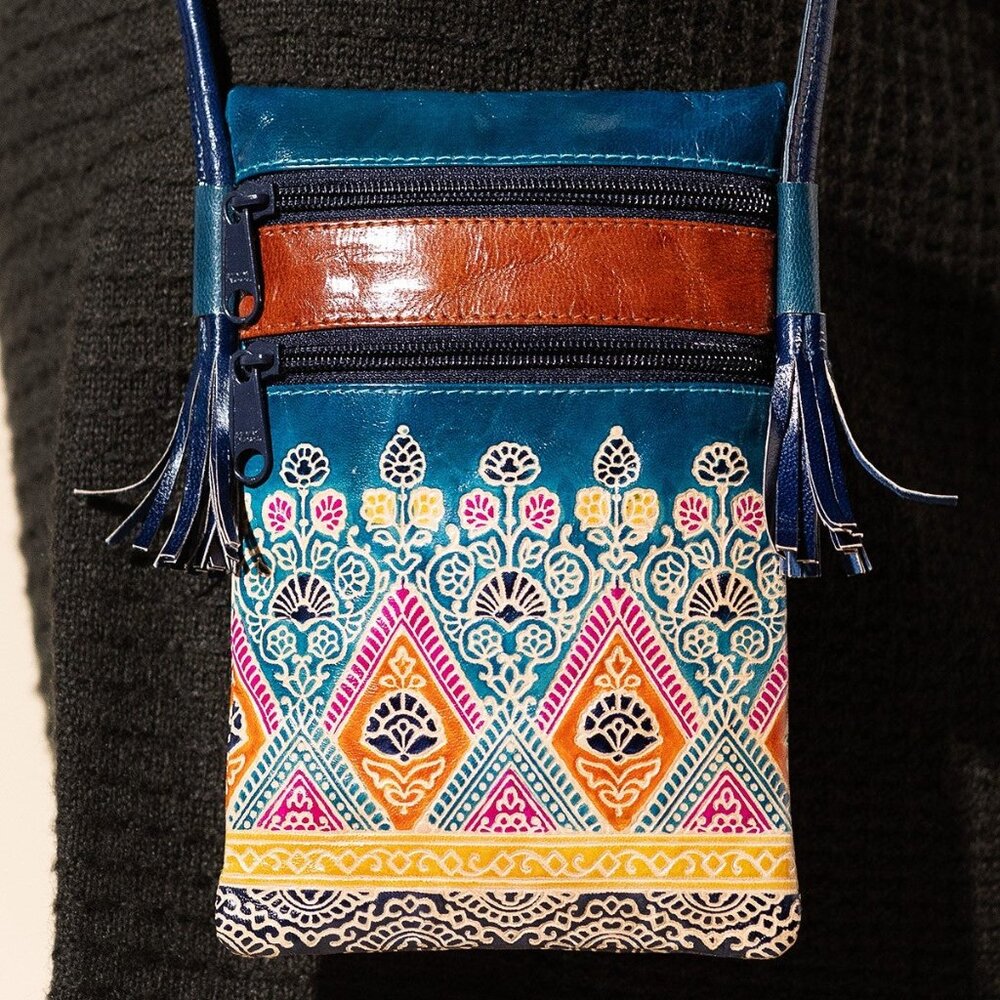 Cellphone Crossbody Bag Vibrant Artisan Hand-Painted & Embossed Genuine Leather