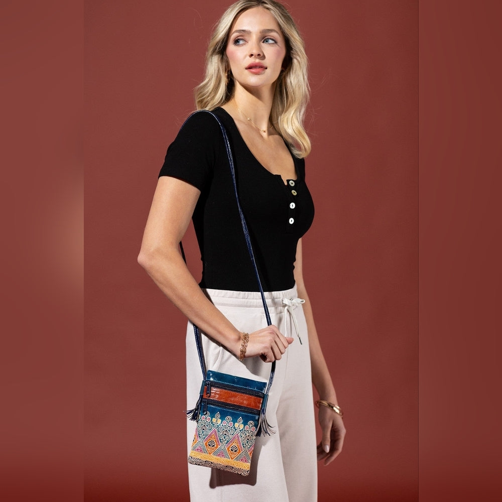 Cellphone Crossbody Bag Vibrant Artisan Hand-Painted & Embossed Genuine Leather