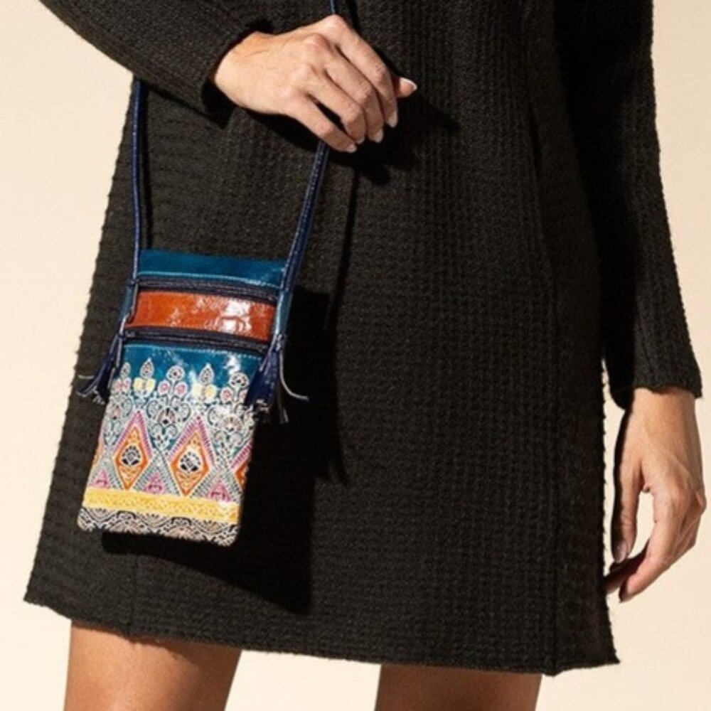 Cellphone Crossbody Bag Vibrant Artisan Hand-Painted & Embossed Genuine Leather