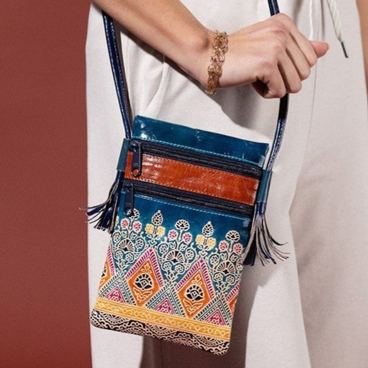 Cellphone Crossbody Bag Vibrant Artisan Hand-Painted & Embossed Genuine Leather