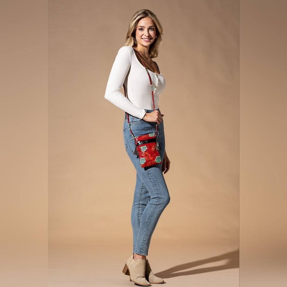 Cellphone Crossbody Bag Vibrant Artisan Hand-Painted & Embossed Genuine Leather