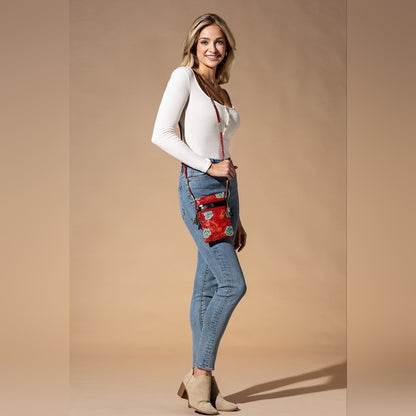 Cellphone Crossbody Bag Vibrant Artisan Hand-Painted & Embossed Genuine Leather
