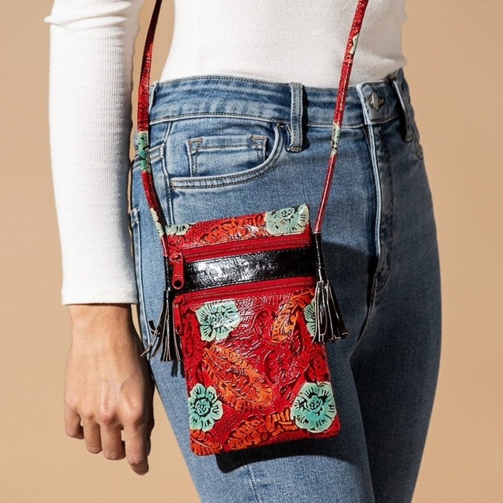 Cellphone Crossbody Bag Vibrant Artisan Hand-Painted & Embossed Genuine Leather