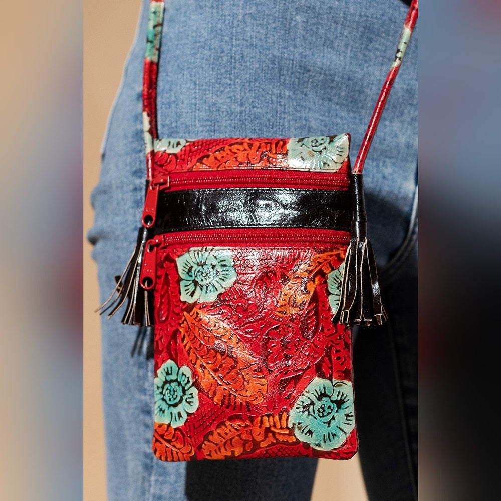 Cellphone Crossbody Bag Vibrant Artisan Hand-Painted & Embossed Genuine Leather