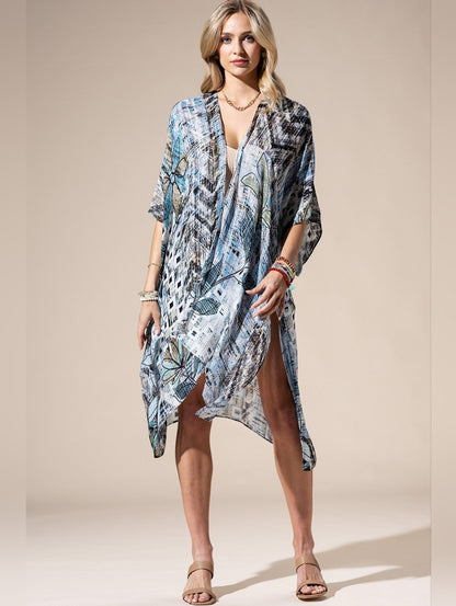 Abstract Boho Floral Open Front Kimono or Swimsuit Coverup Lightweight NWT