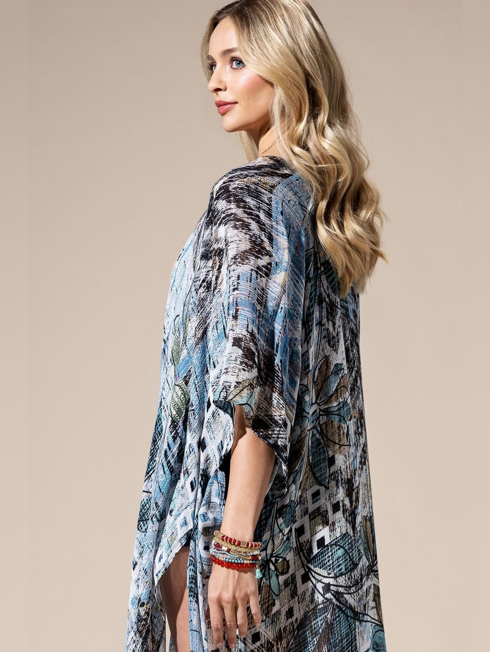 Abstract Boho Floral Open Front Kimono or Swimsuit Coverup Lightweight NWT