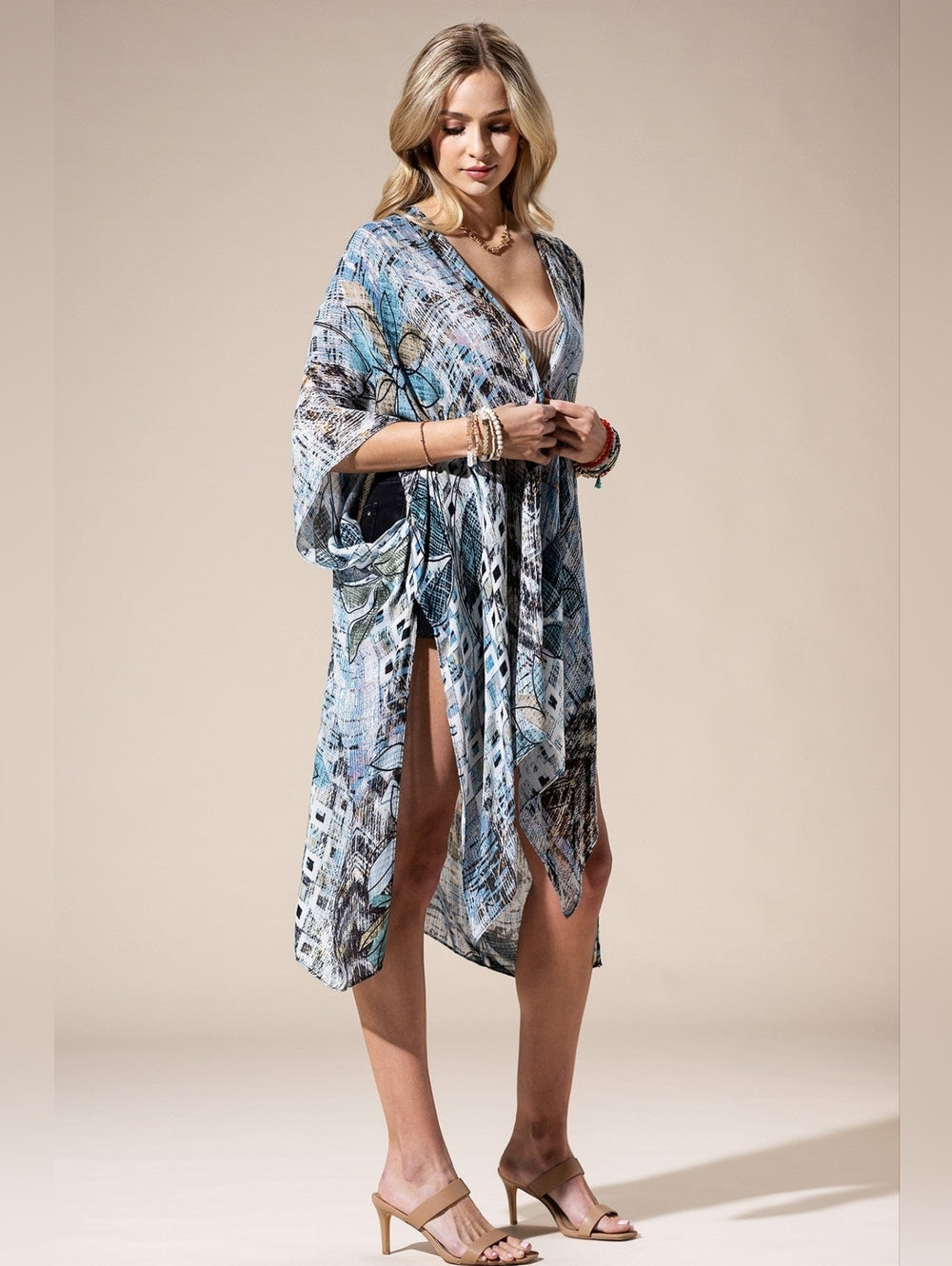 Abstract Boho Floral Open Front Kimono or Swimsuit Coverup Lightweight NWT